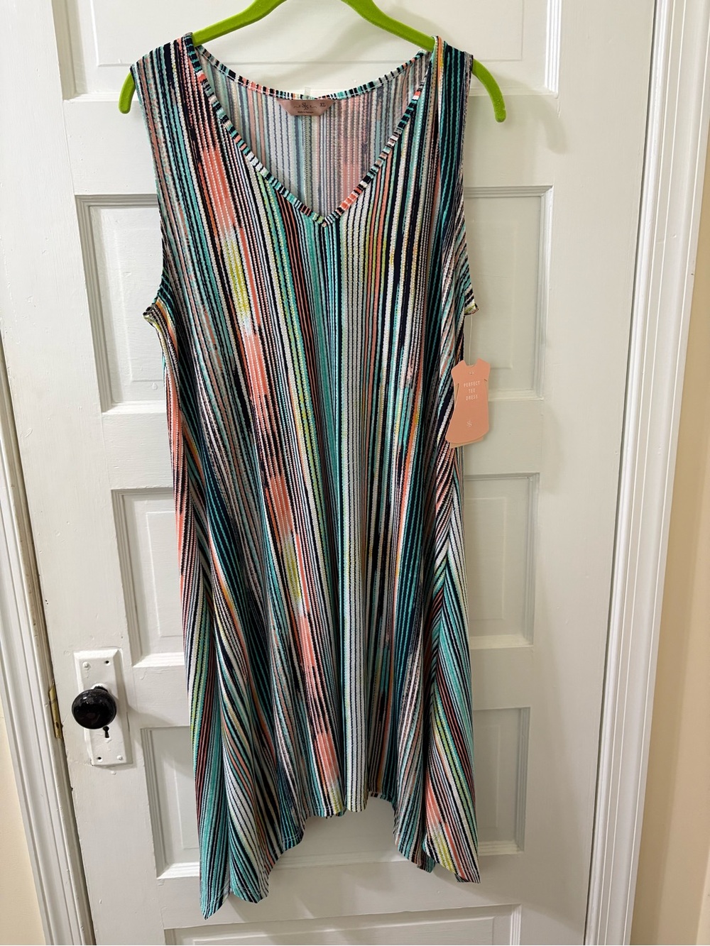 SJS Sleeveless V-Neck Striped Midi Dress in Teal, Coral & Black